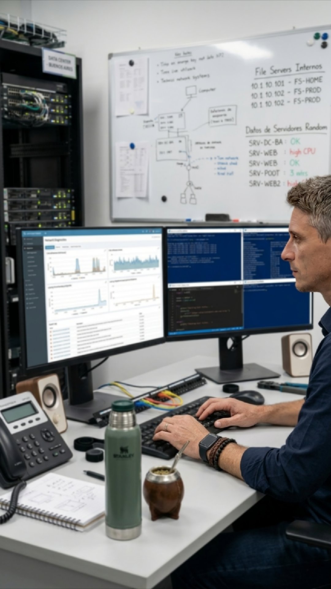 Juan Alza en su estación de trabajo con doble monitor