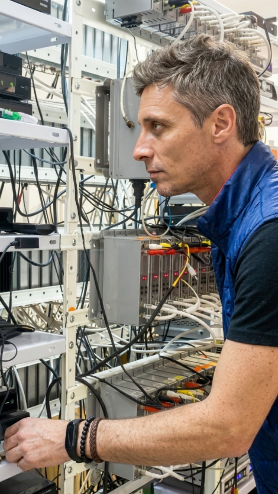 Juan Alza trabajando en rack de servidores